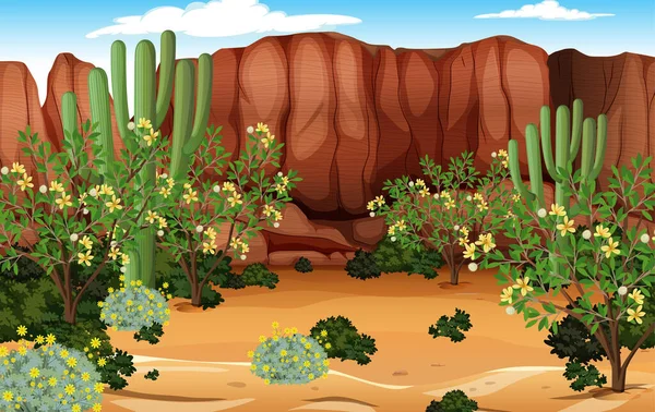 Deserto Paesaggio Forestale Scena Diurna Con Molti Cactus Illustrazione — Vettoriale Stock