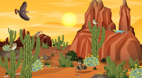 Desert forest landscape at sunset scene with desert animals and plants illustration