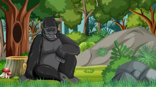 Gorilla Wald Oder Regenwald Szene Mit Vielen Bäumen Illustration — Stockvektor