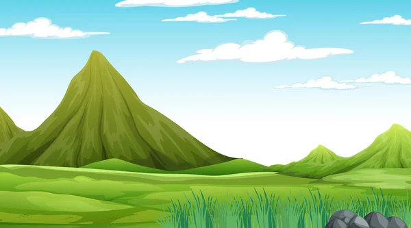 牧草地の風景や山の背景イラストが描かれた昼間の自然風景 — ストックベクタ