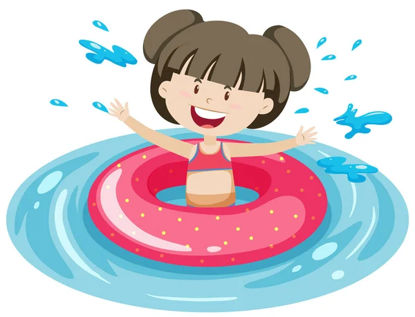 Cute Girl Pink Swimming Ring Water Isolated Illustration — Stock Vector