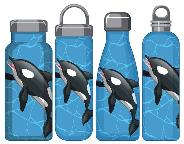 Ensemble Différentes Bouteilles Thermos Avec Illustration Motif Baleine Orque — Image vectorielle