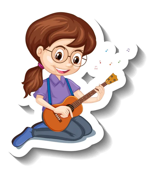 Adesivo Personaggio Del Fumetto Ragazza Suonare Ukulele Strumento Musicale Illustrazione — Vettoriale Stock