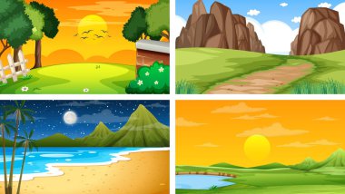 Doğa parkı ve orman illüstrasyonunun dört farklı sahnesi