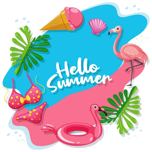 Баннер Логотипом Hello Summer Иллюстрацией Пляжных Вещей — стоковый вектор