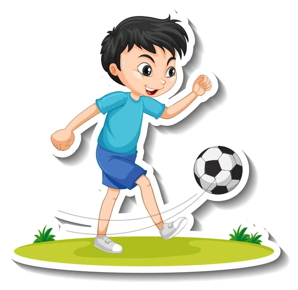Cartoon Karakter Sticker Met Een Jongen Spelen Voetbal Illustratie — Stockvector