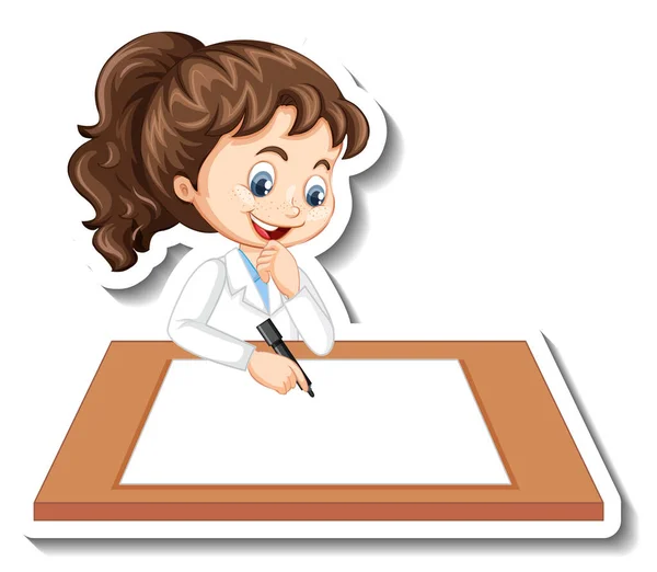 Etiqueta Engomada Personaje Dibujos Animados Con Una Chica Escribiendo Papel — Vector de stock