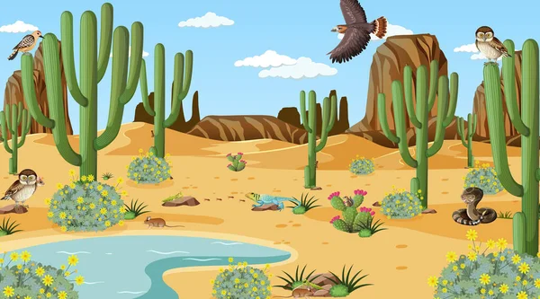 Krajobraz Lasu Pustynnego Dzień Sceny Pustynnych Zwierząt Roślin Ilustracji — Wektor stockowy