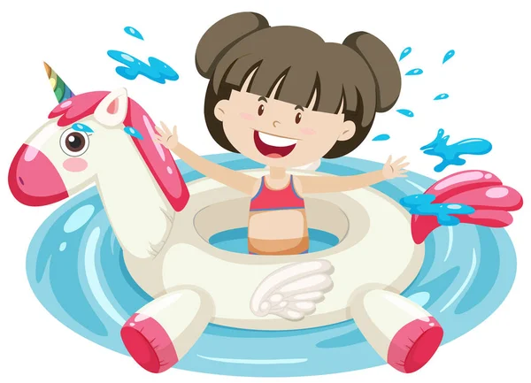 Nettes Mädchen Mit Einhorn Schwimmring Wasser Isoliert Illustration — Stockvektor