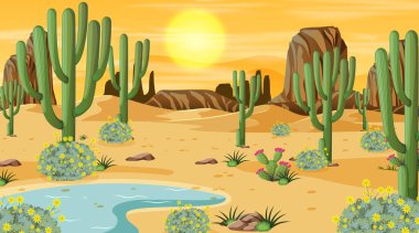 Desert forest landscape at sunset time scene with oasis illustration clipart