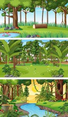 Üç farklı doğa yatay görüntü çizimi