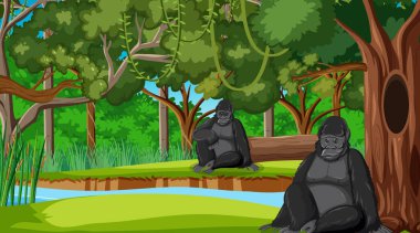 Ormanda ya da yağmur ormanlarında bir sürü ağaç resimli goril.