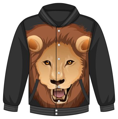 Aslan desenli bombardıman ceketinin önünde.