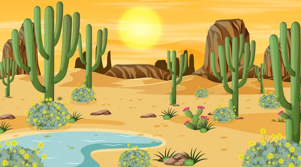 Paysage Forestier Désertique Coucher Soleil Scène Avec Illustration Oasis — Image vectorielle