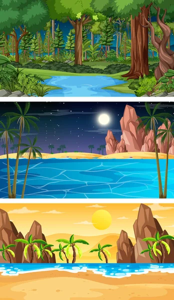 Illustration Trois Scènes Horizontales Nature Différente — Image vectorielle