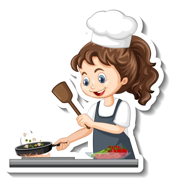 Etiqueta Personagem Desenhos Animados Com Chef Menina Cozinhar Ilustração — Vetor de Stock