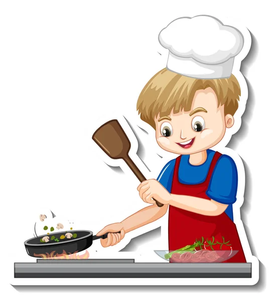 Şef Çocuğun Yemek Pişirdiği Etiket Tasarımı Karakter Çizimi — Stok Vektör