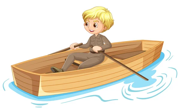 Personagem Desenho Animado Menino Remando Barco Ilustração Isolada — Vetor de Stock