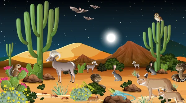 Deserto Paesaggio Forestale Notte Scena Con Animali Selvatici Illustrazione — Vettoriale Stock
