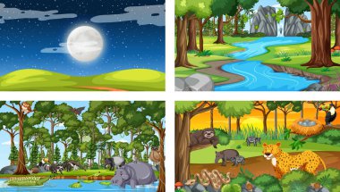 Çeşitli vahşi hayvan resimleriyle farklı orman yatay sahneleri.