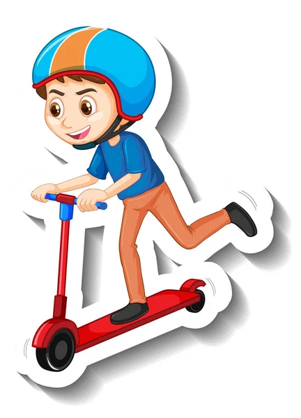 Boy Riding Scooter Cartoon Character Sticker Illustration — Stock Vector