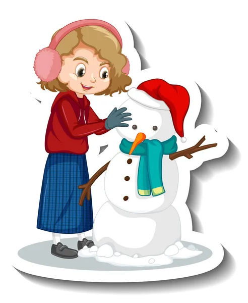 Girl Building Snowman Cartoon Character Sticker Illustration — Stock Vector