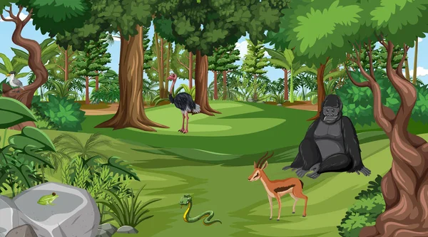 Scena Della Foresta Con Diversi Animali Selvatici Illustrazione — Vettoriale Stock