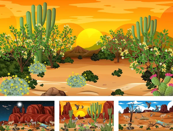 Τέσσερις Διαφορετικές Σκηνές Δάσος Της Ερήμου Τοπίο Ζώα Και Φυτά — Διανυσματικό Αρχείο