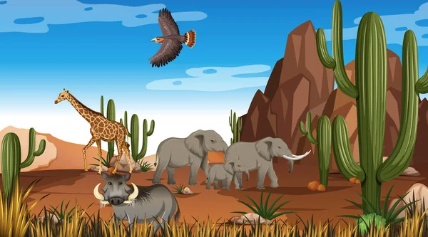 Animais Deserto Paisagem Florestal Cena Durante Dia Ilustração — Vetor de Stock