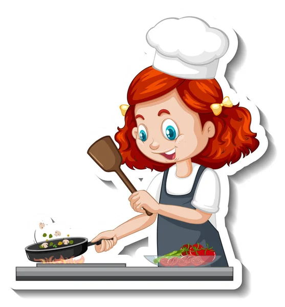 Etiqueta Personagem Desenhos Animados Com Chef Menina Cozinhar Ilustração —  Vetores de Stock