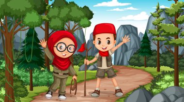 Müslüman çocukların orman resimlerini keşfettikleri doğa sahnesi.