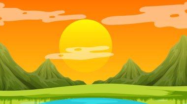 Gece doğa sahnesi, çayır manzarası ve dağ arkaplanı çizimi.