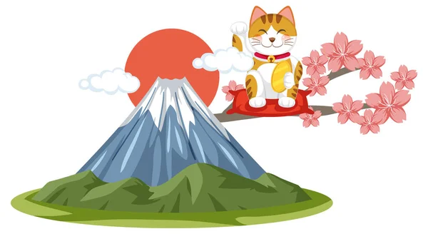 Giapponese Fortunato Gatto Maneki Neko Con Monte Fuji Illustrazione — Vettoriale Stock