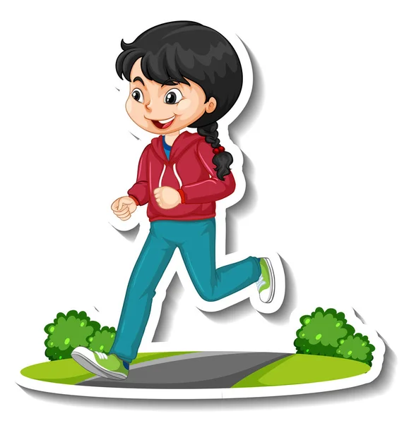 Stiker Karakter Kartun Dengan Seorang Gadis Berlari Ilustrasi Latar Belakang - Stok Vektor