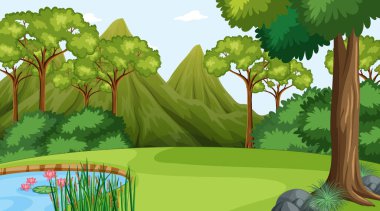 Orman gündüz sahnesinde çeşitli orman ağaçlarının resimleriyle