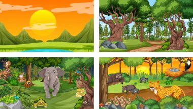 Çeşitli vahşi hayvan resimleriyle farklı orman yatay sahneleri.