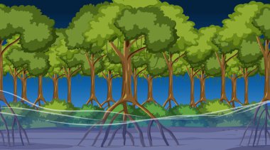 Gece Mangrove Ormanı 'nın doğa sahnesi karikatür stili illüstrasyonunda