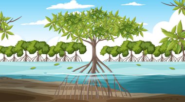 Mangrove orman manzarası gündüz illüstrasyonu