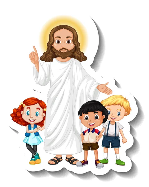 Jesus Christus Mit Kindergruppenaufkleber Auf Weißem Hintergrund — Stockvektor