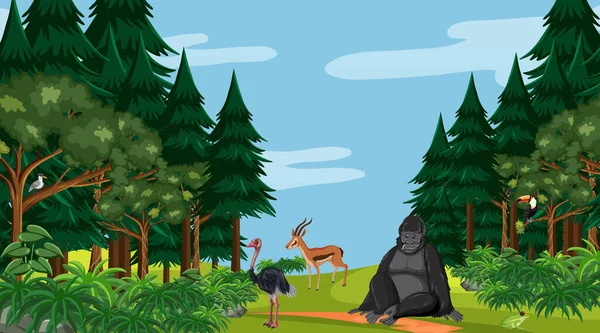 Bosque Escena Diurna Con Diferentes Animales Salvajes Ilustración — Archivo Imágenes Vectoriales