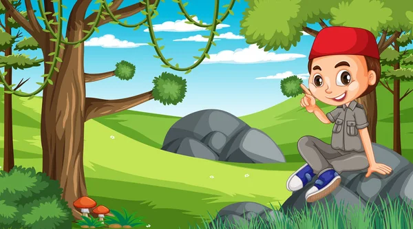 Nature Scene Muslim Boy Cartoon Character Exploring Forest Illustration — Stock Vector