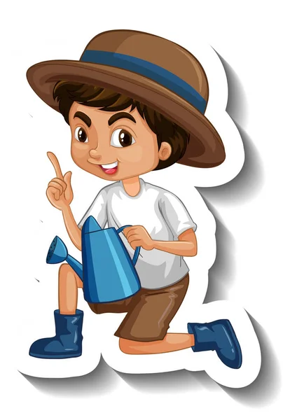 Sticker Template Cute Boy Holding Watering Can Illustration — Stock Vector