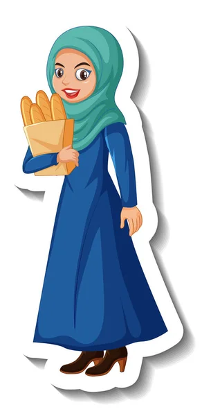 Autocollant Personnage Dessin Animé Femme Musulmane Sur Fond Blanc Illustration — Image vectorielle