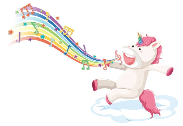 かわいいユニコーンは虹のイラストのメロディー記号で雲の上にジャンプします — ストックベクタ