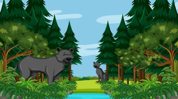 森林里的黑豹 画了很多树 — 图库矢量图片