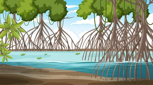 Mangrove Lesní Krajina Scéna Dne Ilustrace — Stockový vektor