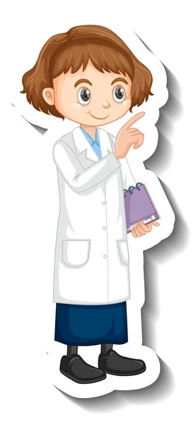 科学のガウンの少女漫画のキャラクターのステッカーイラスト — ストックベクタ
