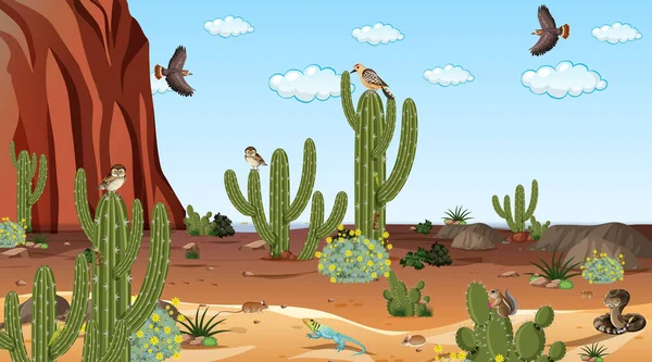 Sivatagi Erdő Táj Nappal Jelenet Sivatagi Állatok Növények Illusztráció — Stock Vector