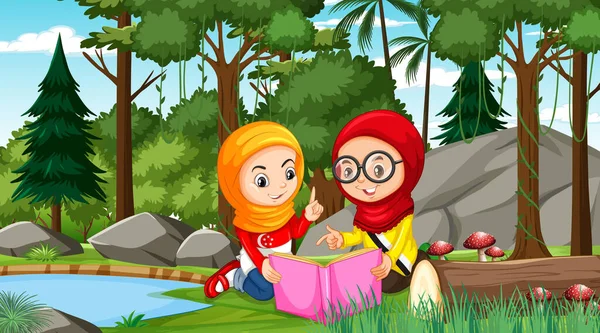 Anak Anak Muslim Mengenakan Pakaian Tradisional Membaca Buku Adegan Hutan - Stok Vektor