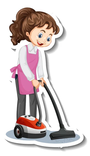 Cartoon Character Sticker House Maid Using Vacuum Cleaner Illustration — Stock Vector